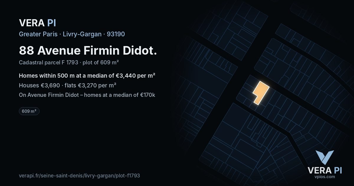 88 Avenue Firmin Didot, Livry-Gargan at night – the plot lit, the parcels around coloured by the prices near them