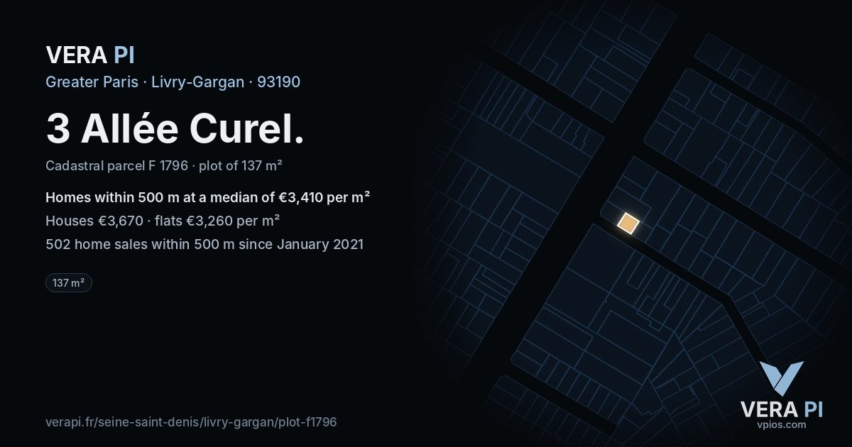3 Allée Curel, Livry-Gargan at night – the plot lit, the parcels around coloured by the prices near them