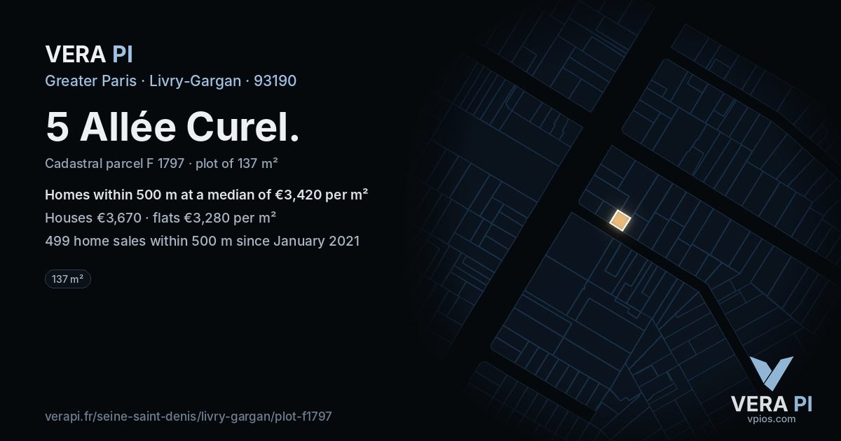 5 Allée Curel, Livry-Gargan at night – the plot lit, the parcels around coloured by the prices near them