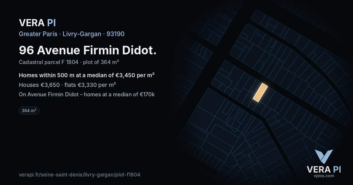 96 Avenue Firmin Didot, Livry-Gargan at night – the plot lit, the parcels around coloured by the prices near them
