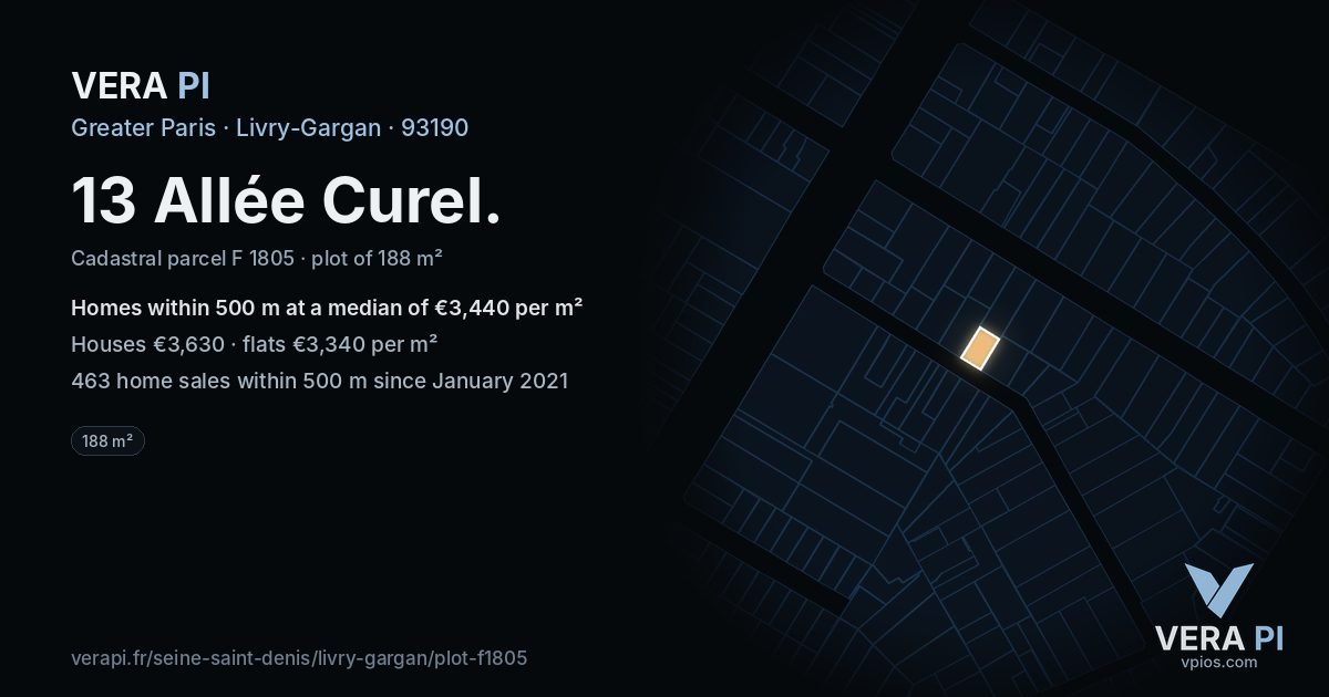 13 Allée Curel, Livry-Gargan at night – the plot lit, the parcels around coloured by the prices near them