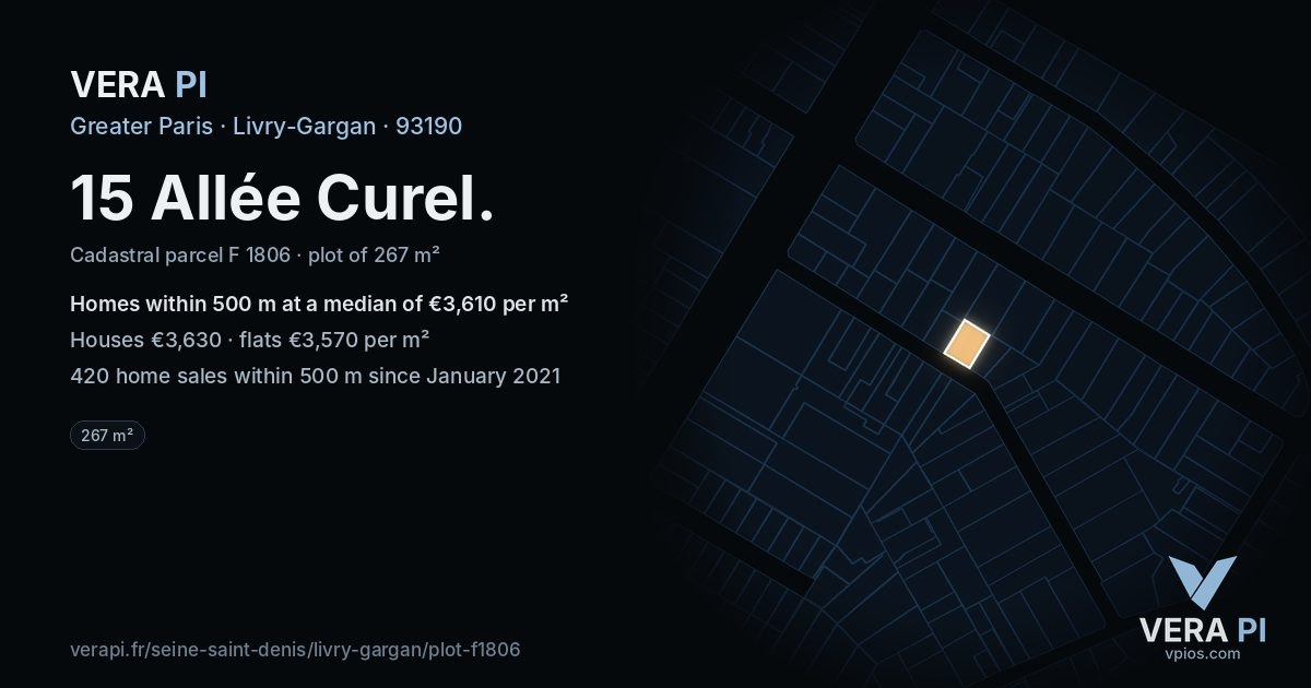 15 Allée Curel, Livry-Gargan at night – the plot lit, the parcels around coloured by the prices near them