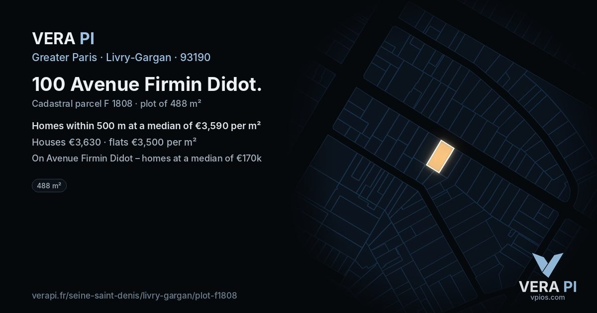 100 Avenue Firmin Didot, Livry-Gargan at night – the plot lit, the parcels around coloured by the prices near them