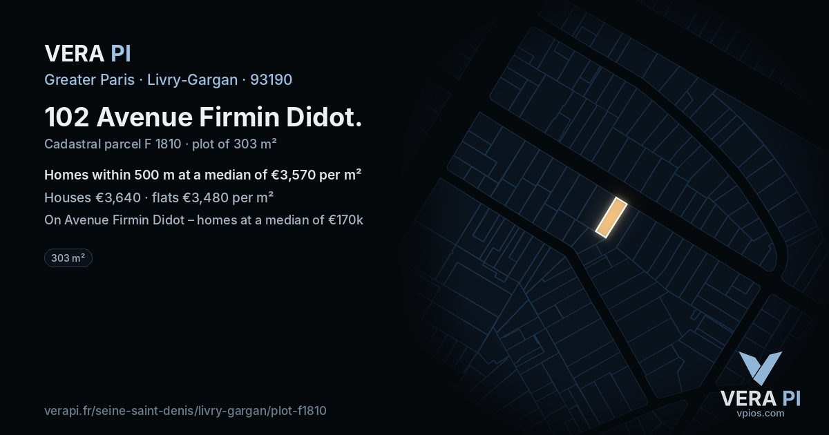 102 Avenue Firmin Didot, Livry-Gargan at night – the plot lit, the parcels around coloured by the prices near them