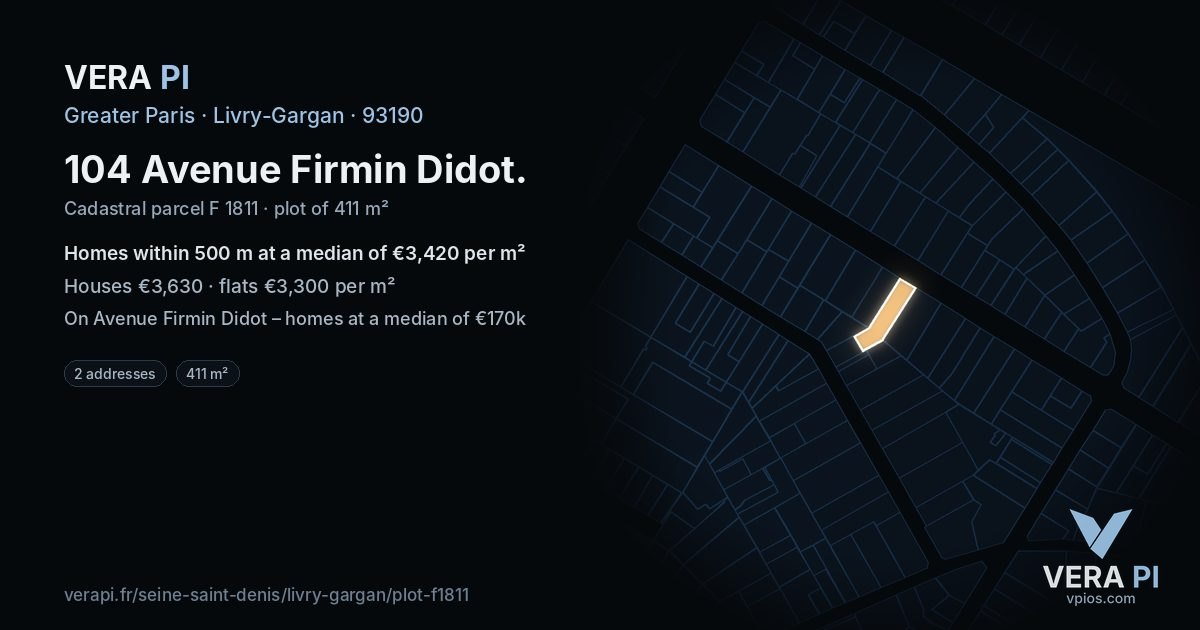 104 Avenue Firmin Didot, Livry-Gargan at night – the plot lit, the parcels around coloured by the prices near them