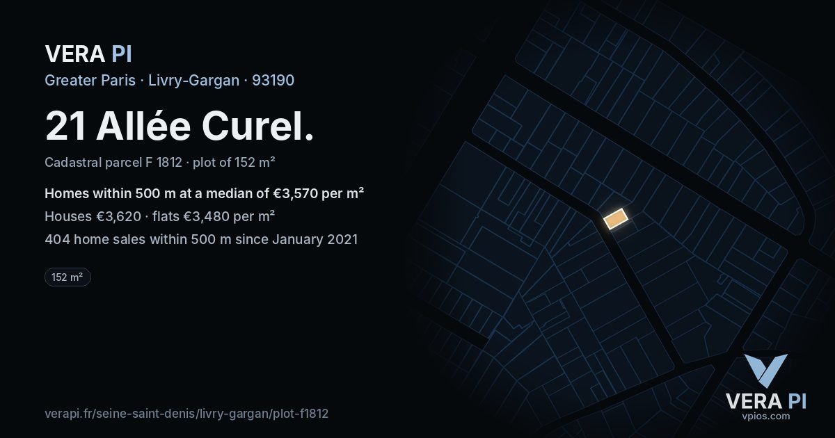 21 Allée Curel, Livry-Gargan at night – the plot lit, the parcels around coloured by the prices near them