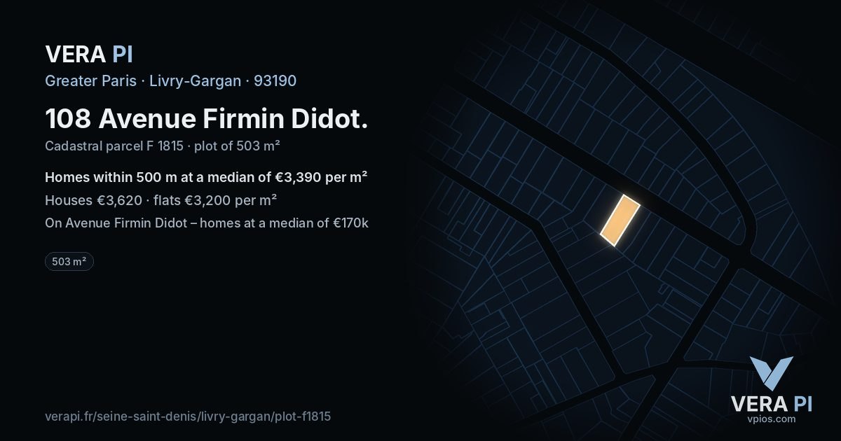 108 Avenue Firmin Didot, Livry-Gargan at night – the plot lit, the parcels around coloured by the prices near them