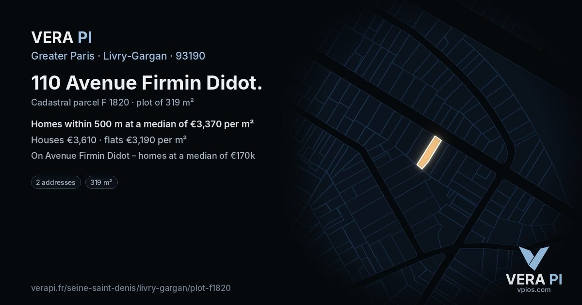 110 Avenue Firmin Didot, Livry-Gargan at night – the plot lit, the parcels around coloured by the prices near them