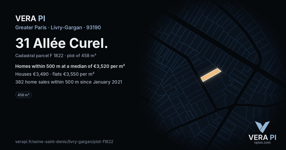 31 Allée Curel, Livry-Gargan at night – the plot lit, the parcels around coloured by the prices near them