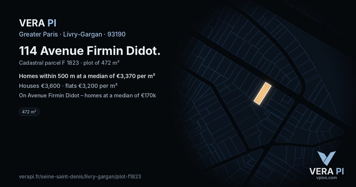 114 Avenue Firmin Didot, Livry-Gargan at night – the plot lit, the parcels around coloured by the prices near them