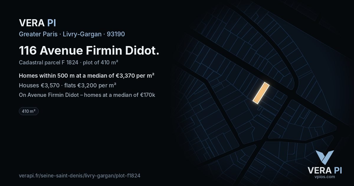 116 Avenue Firmin Didot, Livry-Gargan at night – the plot lit, the parcels around coloured by the prices near them