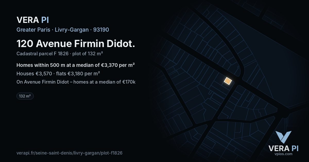 120 Avenue Firmin Didot, Livry-Gargan at night – the plot lit, the parcels around coloured by the prices near them