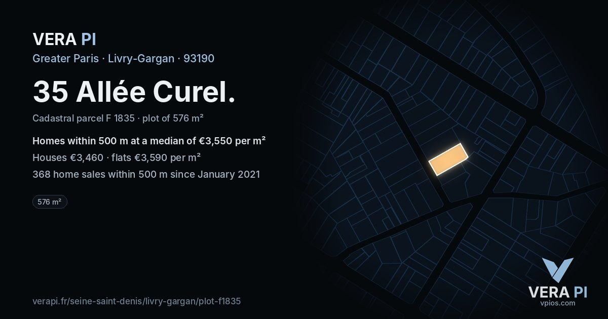 35 Allée Curel, Livry-Gargan at night – the plot lit, the parcels around coloured by the prices near them