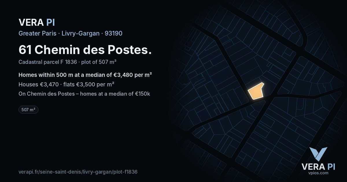 61 Chemin des Postes, Livry-Gargan at night – the plot lit, the parcels around coloured by the prices near them