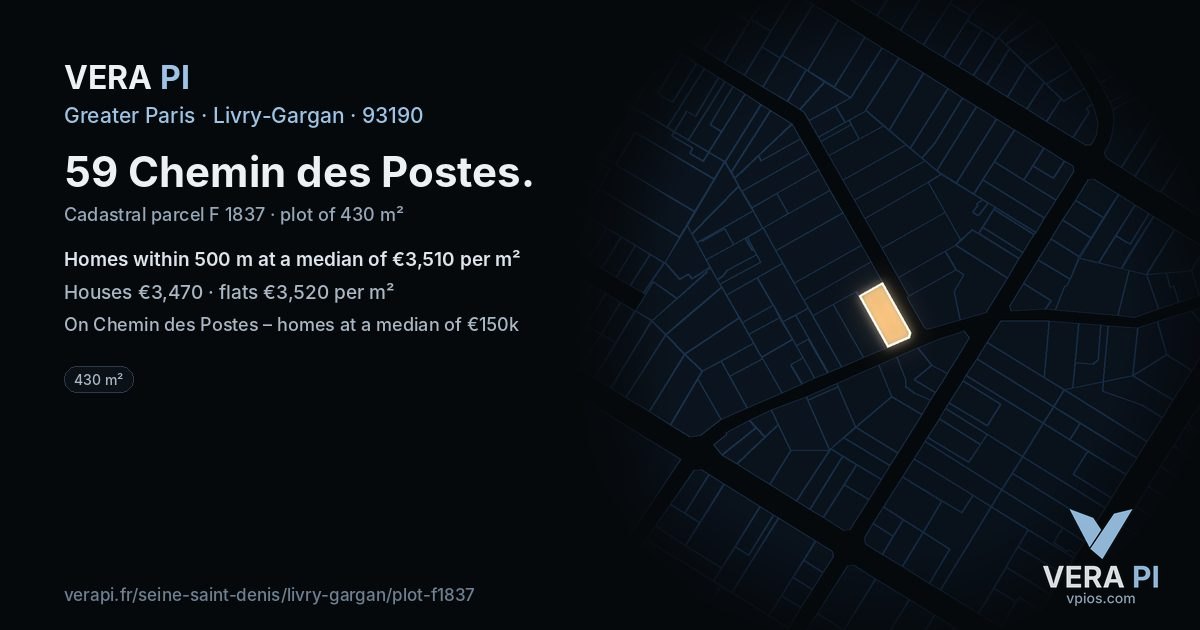 59 Chemin des Postes, Livry-Gargan at night – the plot lit, the parcels around coloured by the prices near them