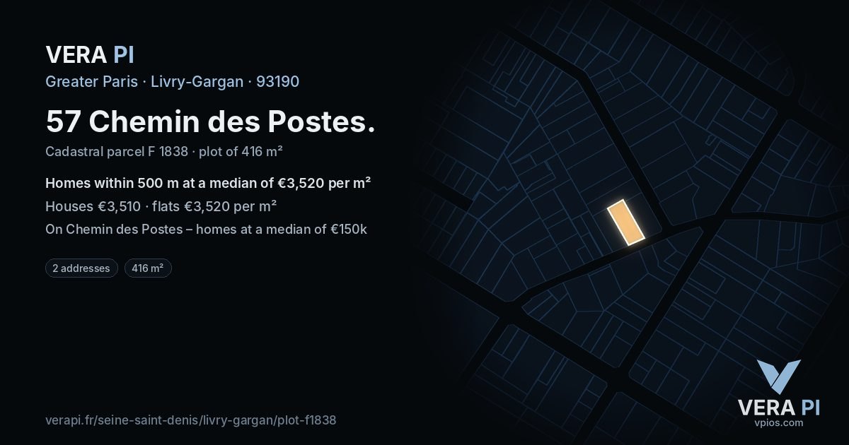 57 Chemin des Postes, Livry-Gargan at night – the plot lit, the parcels around coloured by the prices near them