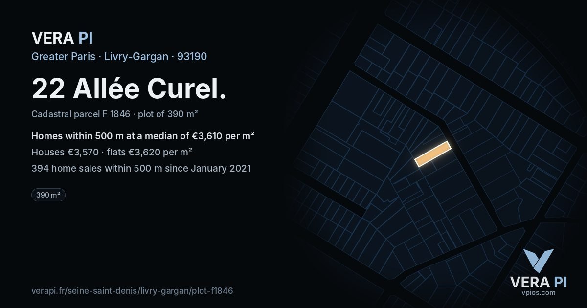 22 Allée Curel, Livry-Gargan at night – the plot lit, the parcels around coloured by the prices near them