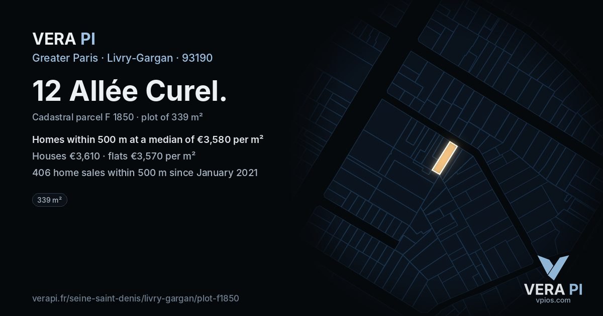 12 Allée Curel, Livry-Gargan at night – the plot lit, the parcels around coloured by the prices near them