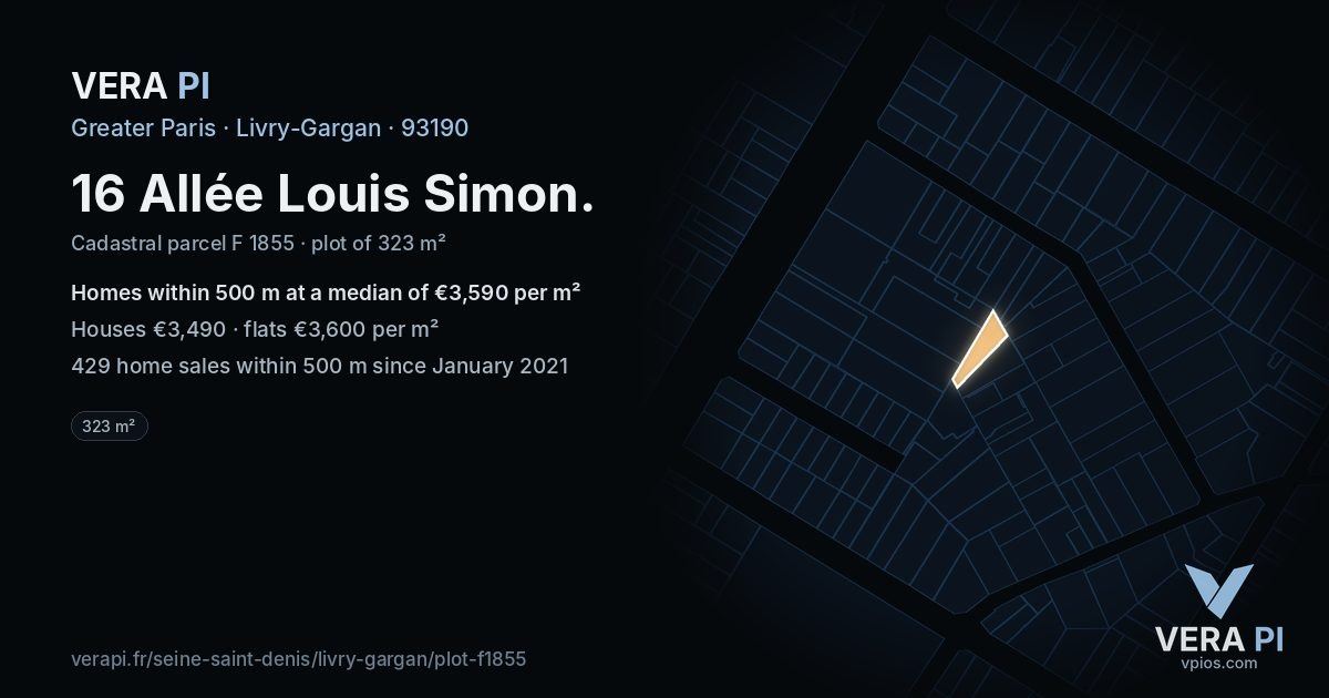16 Allée Louis Simon, Livry-Gargan at night – the plot lit, the parcels around coloured by the prices near them