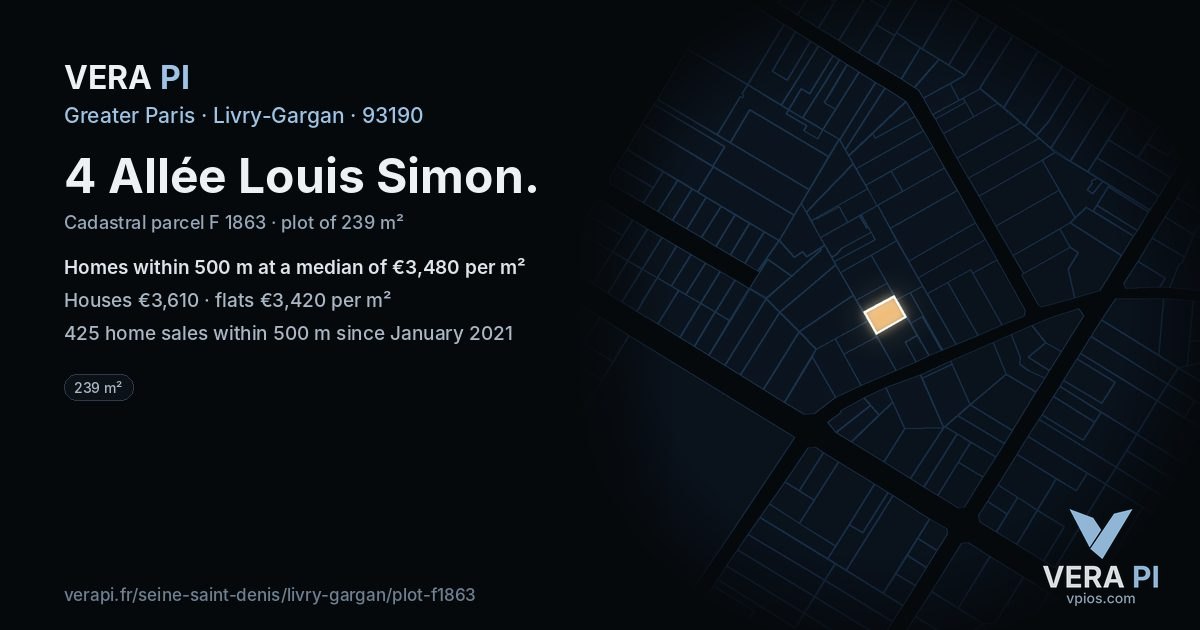 4 Allée Louis Simon, Livry-Gargan at night – the plot lit, the parcels around coloured by the prices near them