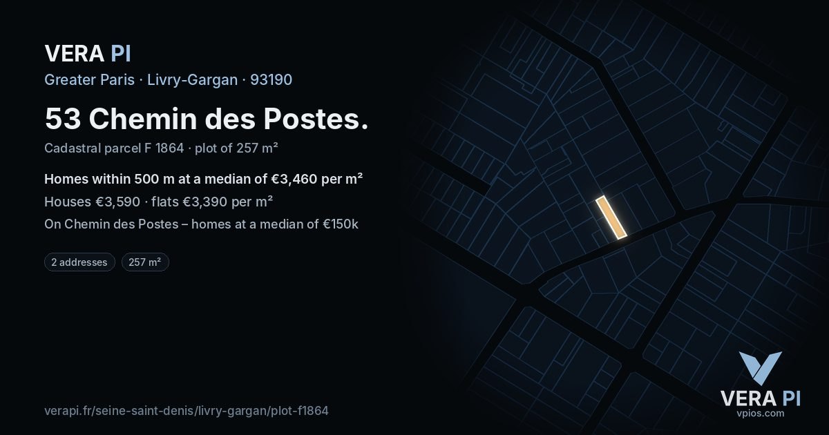 53 Chemin des Postes, Livry-Gargan at night – the plot lit, the parcels around coloured by the prices near them