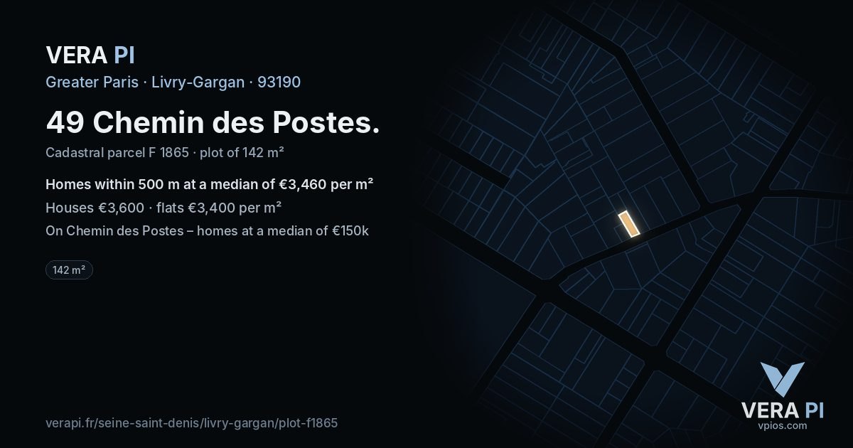 49 Chemin des Postes, Livry-Gargan at night – the plot lit, the parcels around coloured by the prices near them