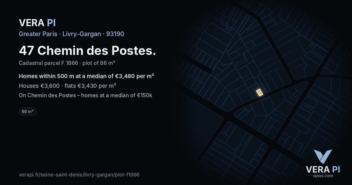 47 Chemin des Postes, Livry-Gargan at night – the plot lit, the parcels around coloured by the prices near them