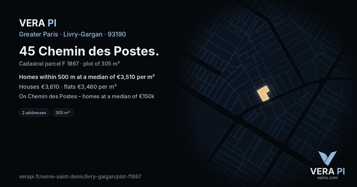 45 Chemin des Postes, Livry-Gargan at night – the plot lit, the parcels around coloured by the prices near them