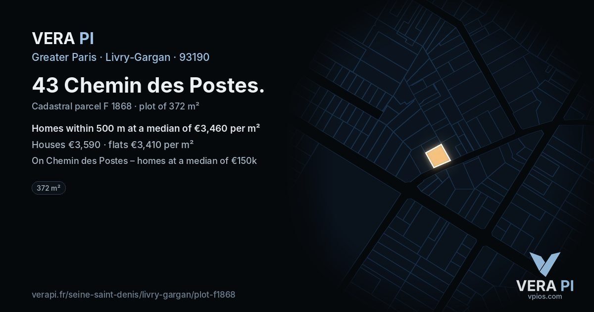 43 Chemin des Postes, Livry-Gargan at night – the plot lit, the parcels around coloured by the prices near them