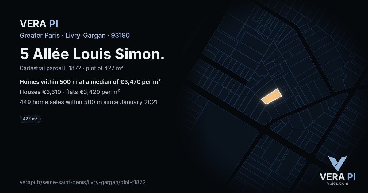 5 Allée Louis Simon, Livry-Gargan at night – the plot lit, the parcels around coloured by the prices near them