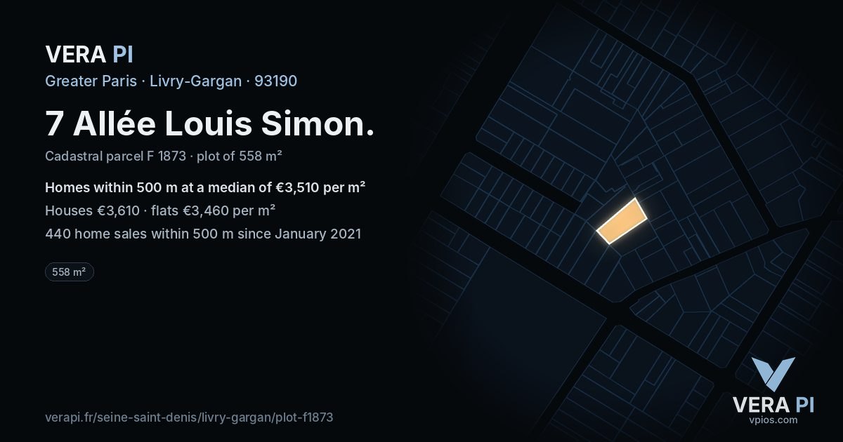 7 Allée Louis Simon, Livry-Gargan at night – the plot lit, the parcels around coloured by the prices near them