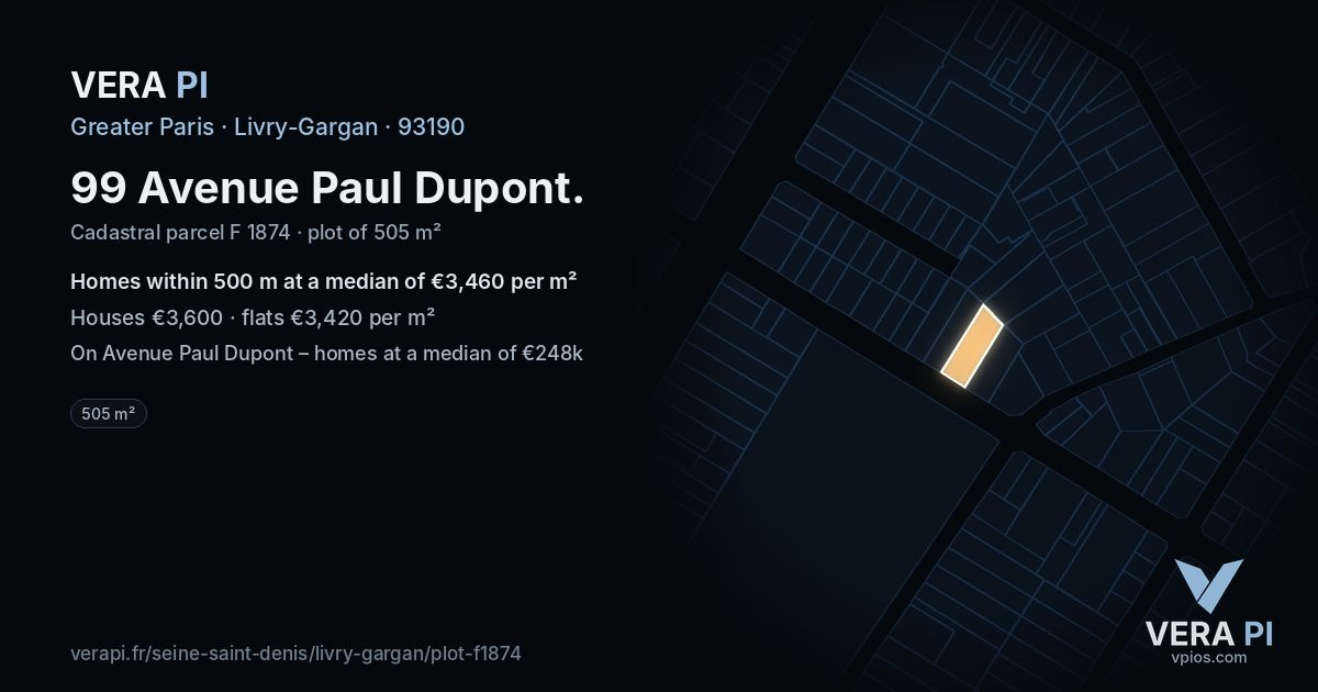99 Avenue Paul Dupont, Livry-Gargan at night – the plot lit, the parcels around coloured by the prices near them