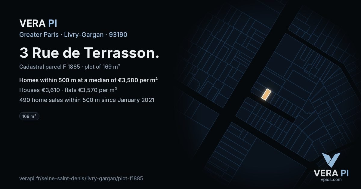 3 Rue de Terrasson, Livry-Gargan at night – the plot lit, the parcels around coloured by the prices near them