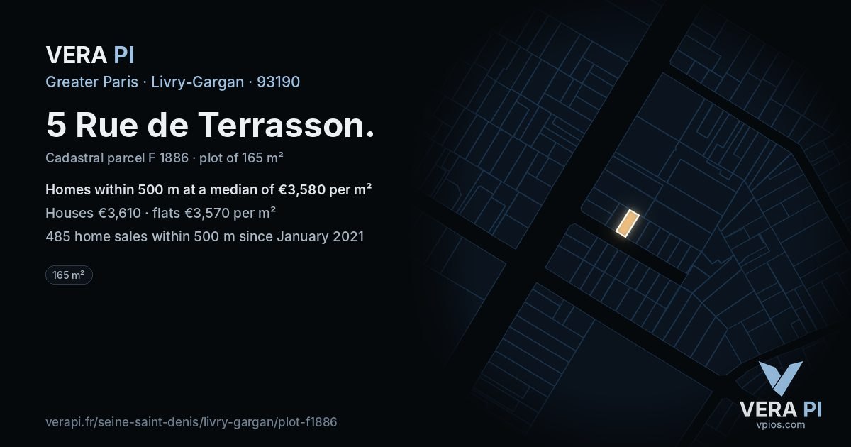 5 Rue de Terrasson, Livry-Gargan at night – the plot lit, the parcels around coloured by the prices near them