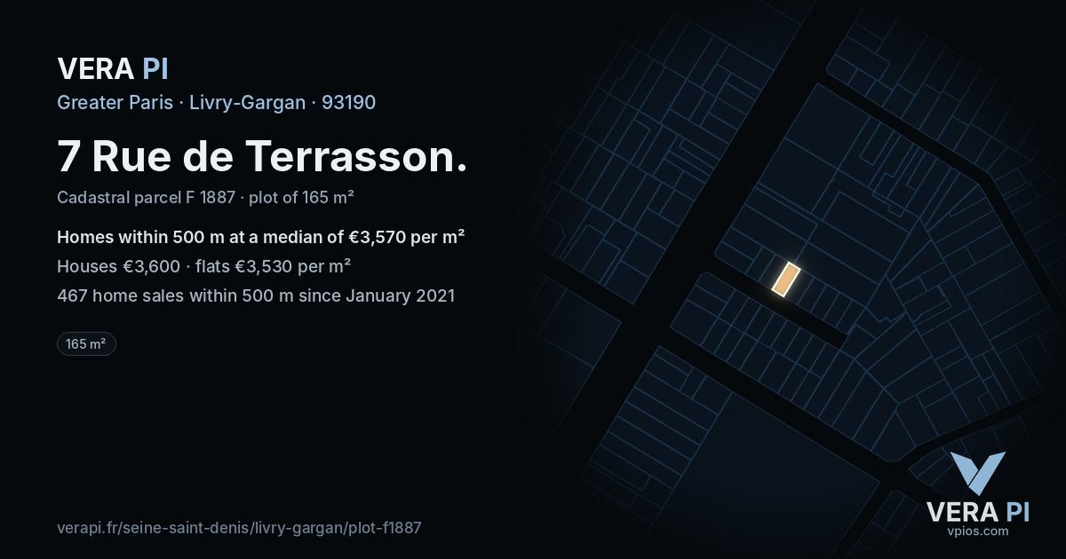 7 Rue de Terrasson, Livry-Gargan at night – the plot lit, the parcels around coloured by the prices near them