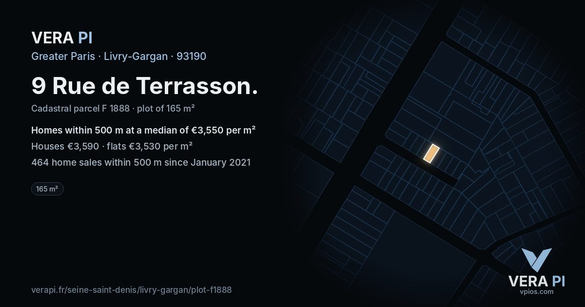 9 Rue de Terrasson, Livry-Gargan at night – the plot lit, the parcels around coloured by the prices near them