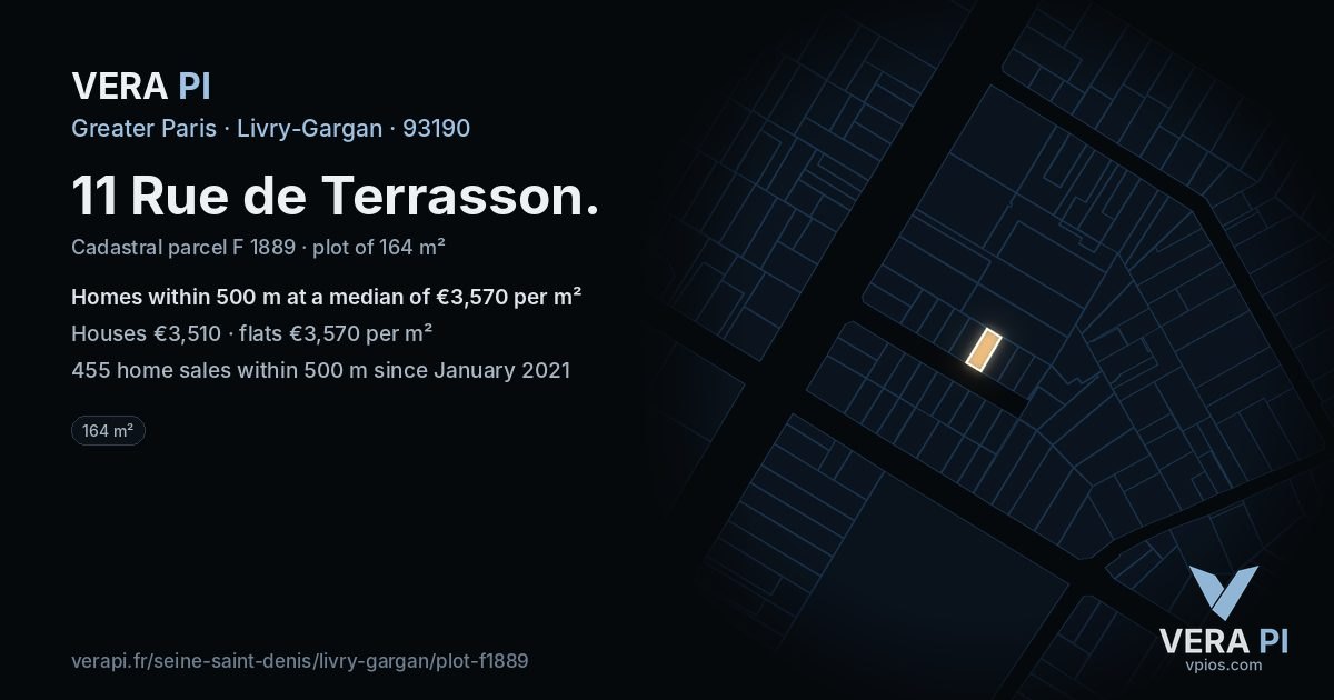 11 Rue de Terrasson, Livry-Gargan at night – the plot lit, the parcels around coloured by the prices near them