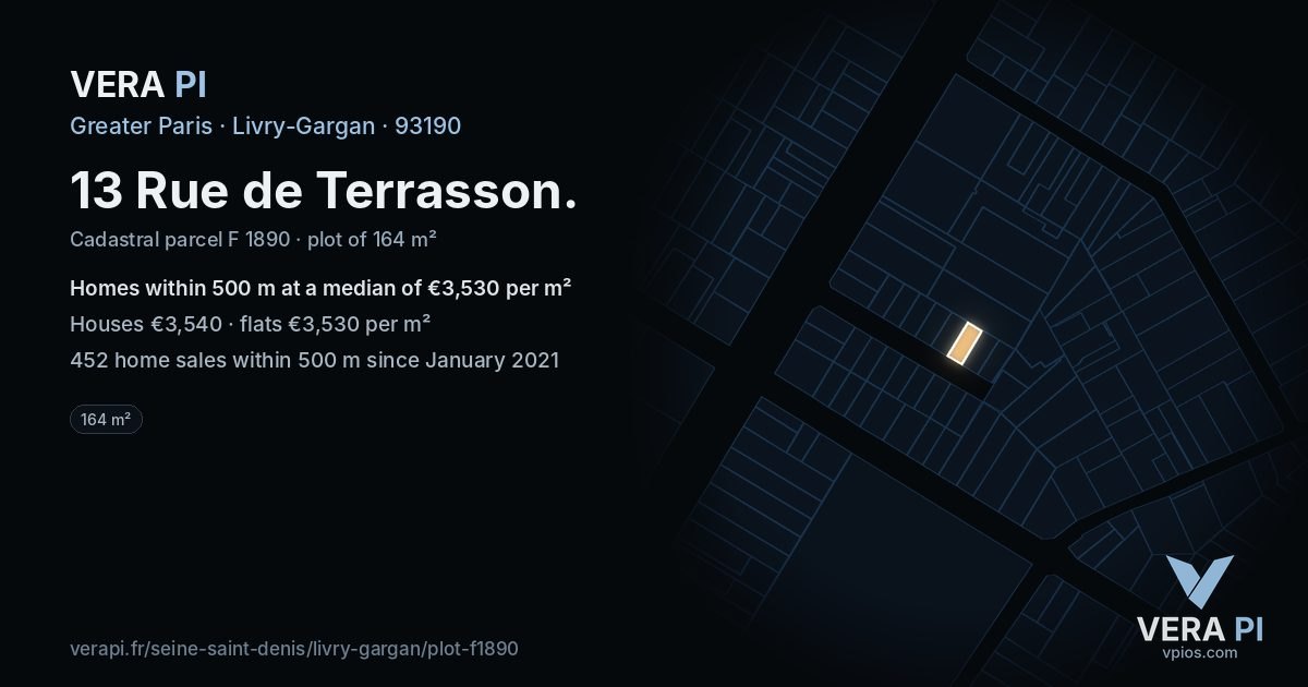 13 Rue de Terrasson, Livry-Gargan at night – the plot lit, the parcels around coloured by the prices near them