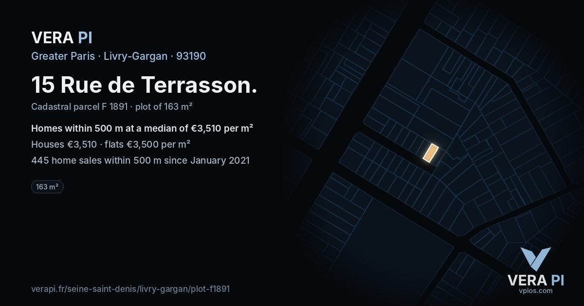 15 Rue de Terrasson, Livry-Gargan at night – the plot lit, the parcels around coloured by the prices near them
