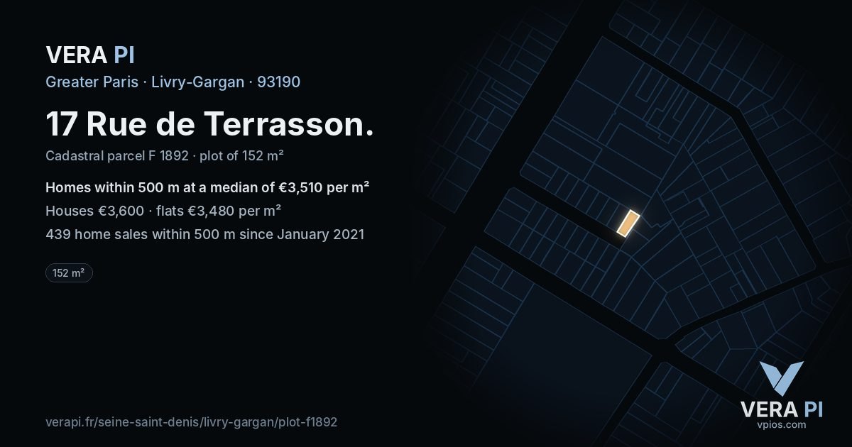 17 Rue de Terrasson, Livry-Gargan at night – the plot lit, the parcels around coloured by the prices near them