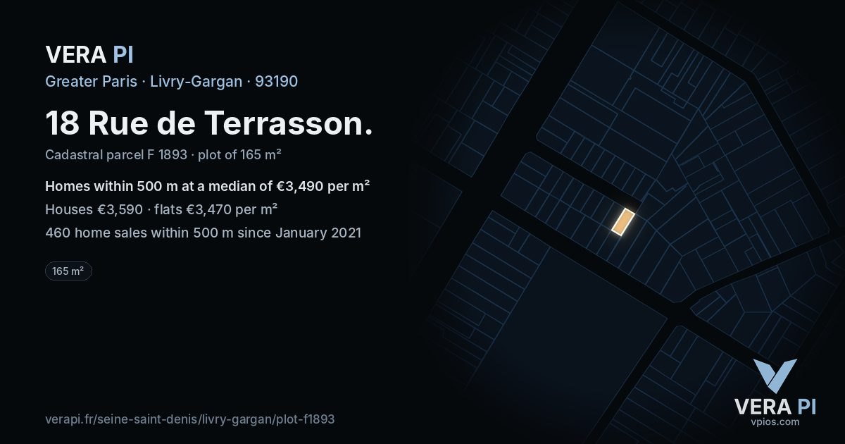 18 Rue de Terrasson, Livry-Gargan at night – the plot lit, the parcels around coloured by the prices near them