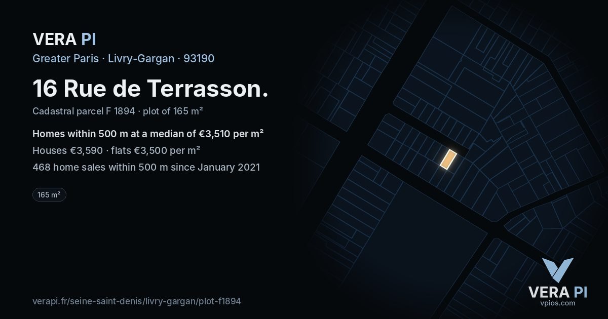 16 Rue de Terrasson, Livry-Gargan at night – the plot lit, the parcels around coloured by the prices near them