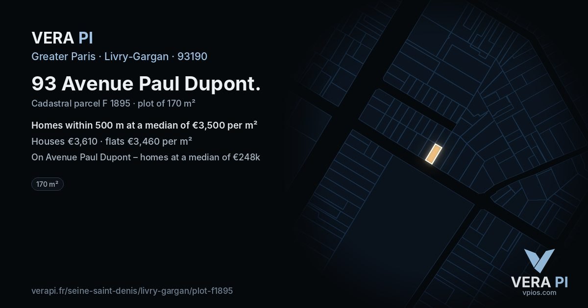 93 Avenue Paul Dupont, Livry-Gargan at night – the plot lit, the parcels around coloured by the prices near them
