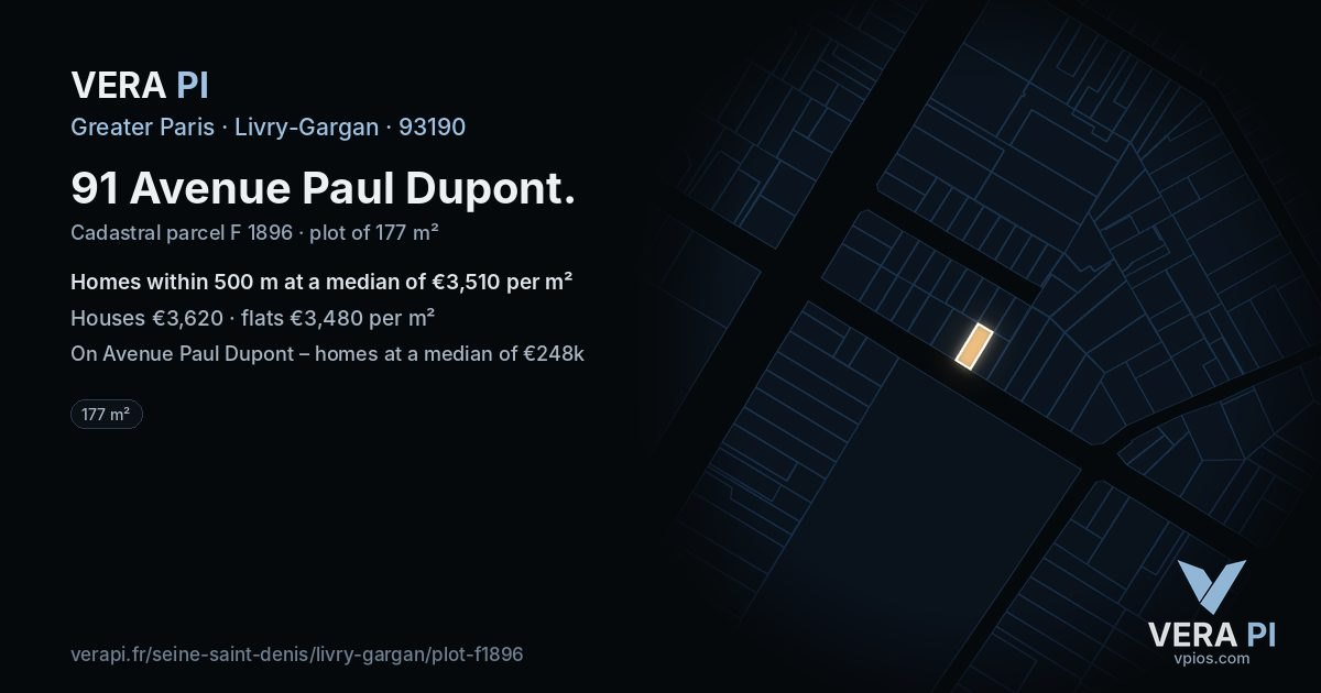 91 Avenue Paul Dupont, Livry-Gargan at night – the plot lit, the parcels around coloured by the prices near them
