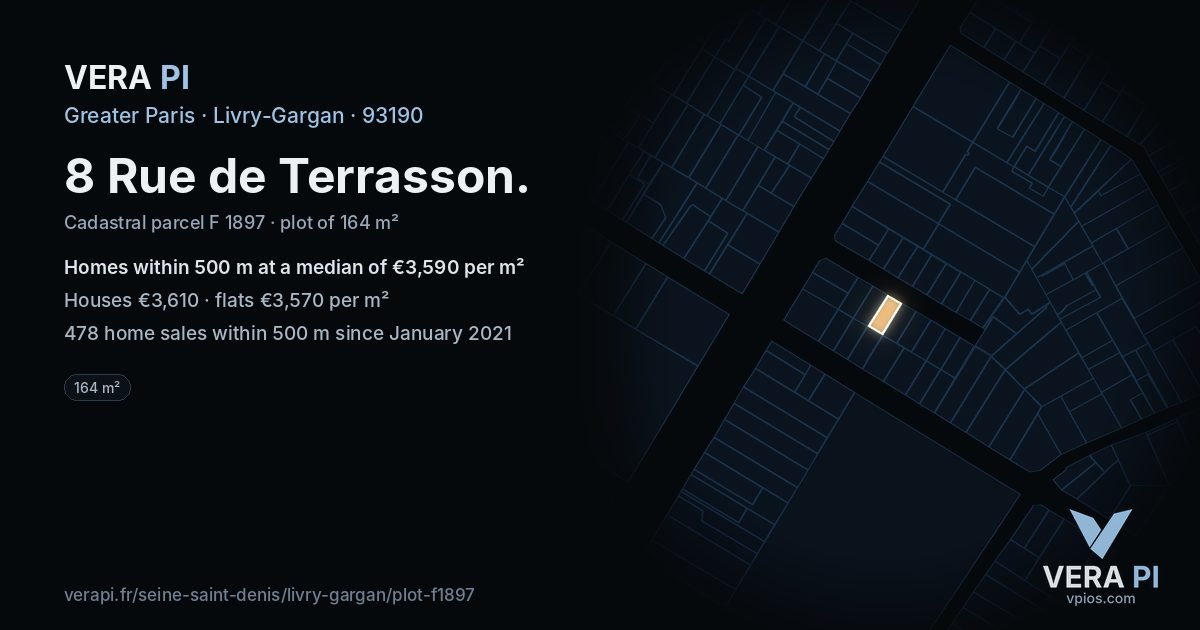8 Rue de Terrasson, Livry-Gargan at night – the plot lit, the parcels around coloured by the prices near them