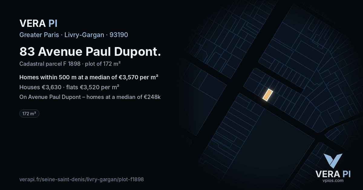 83 Avenue Paul Dupont, Livry-Gargan at night – the plot lit, the parcels around coloured by the prices near them