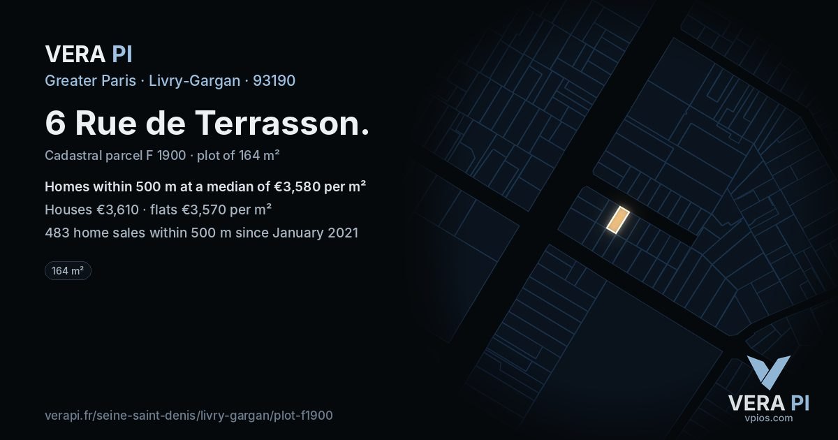 6 Rue de Terrasson, Livry-Gargan at night – the plot lit, the parcels around coloured by the prices near them
