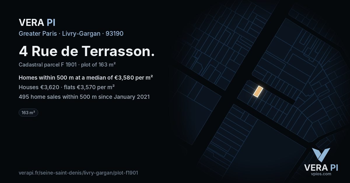 4 Rue de Terrasson, Livry-Gargan at night – the plot lit, the parcels around coloured by the prices near them