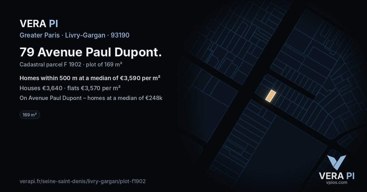 79 Avenue Paul Dupont, Livry-Gargan at night – the plot lit, the parcels around coloured by the prices near them