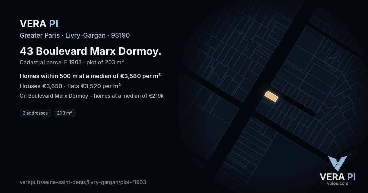 43 Boulevard Marx Dormoy, Livry-Gargan at night – the plot lit, the parcels around coloured by the prices near them